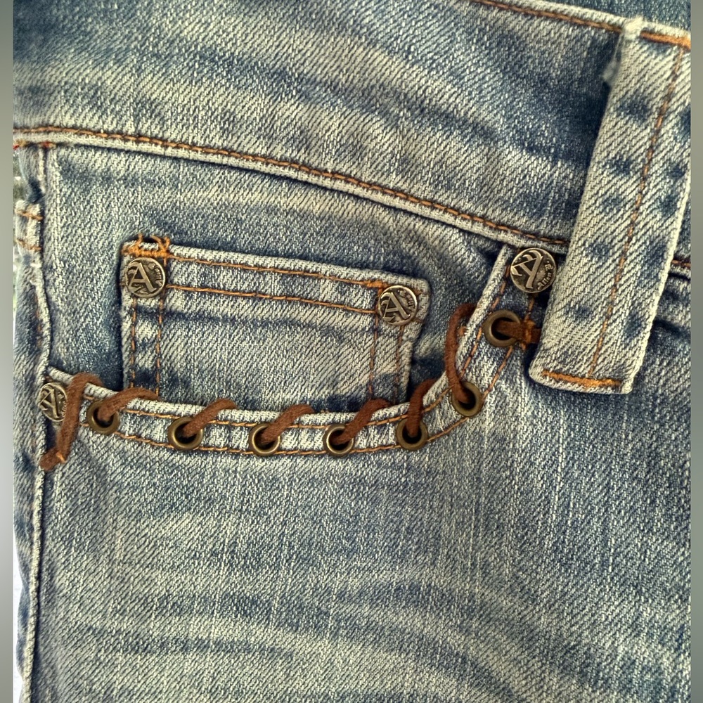 Vintage Y2K Allen B. By Allen Schwartz Watercolor Koi Fish Low Rise Flare Jeans - Picture 7 of 15